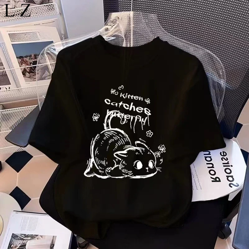 

Motorcycle kitten versatile T-shirt men's and women's loose round neck street style casual half-sleeved round neck top