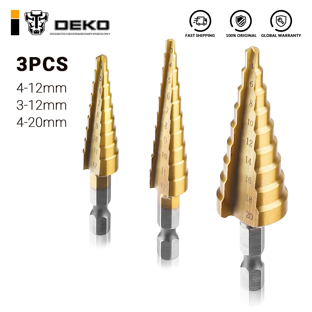 3Pcs/set 3-12mm 4-12mm 4-20mm HSS Straight Groove Step Drill Bit Titanium Coated Wood Metal Hole Cutter Core Drilling Tools Set