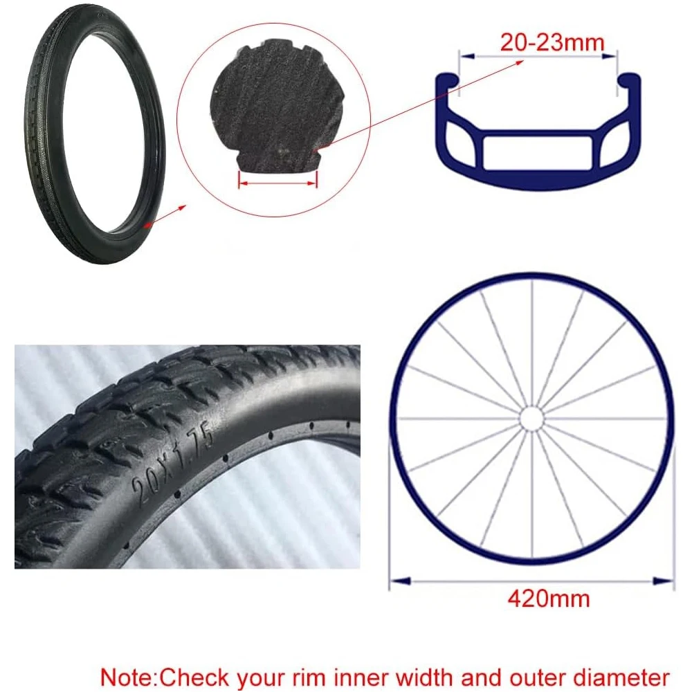 CATAZER 20 Inch Bicycle Airless Solid Tires 20x1.75/1.95 Tires Anti-slip Black Breakproof Bike Tires Riding BMX / Kids\'Bikes