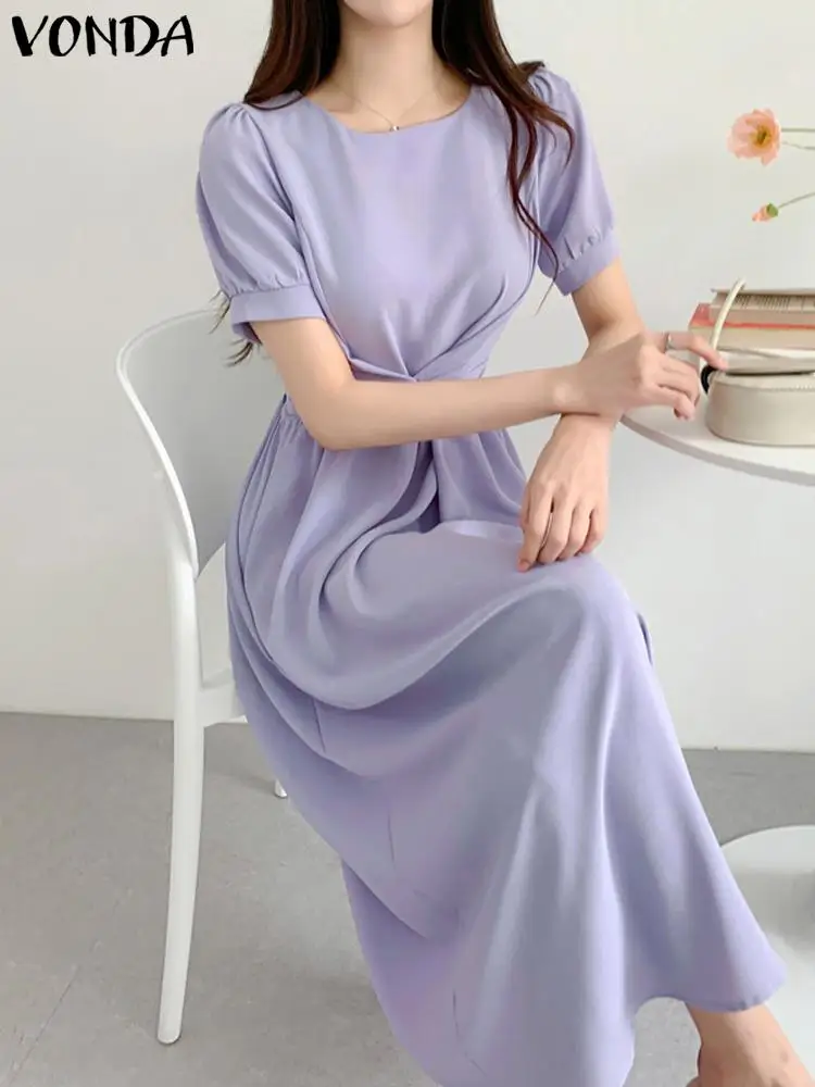 VONDA Summer Casual Loose Dress Women 2023 Elegant Solid Color Pleated Party Midi Sundress Short Sleeve Belted Beach Vestidos