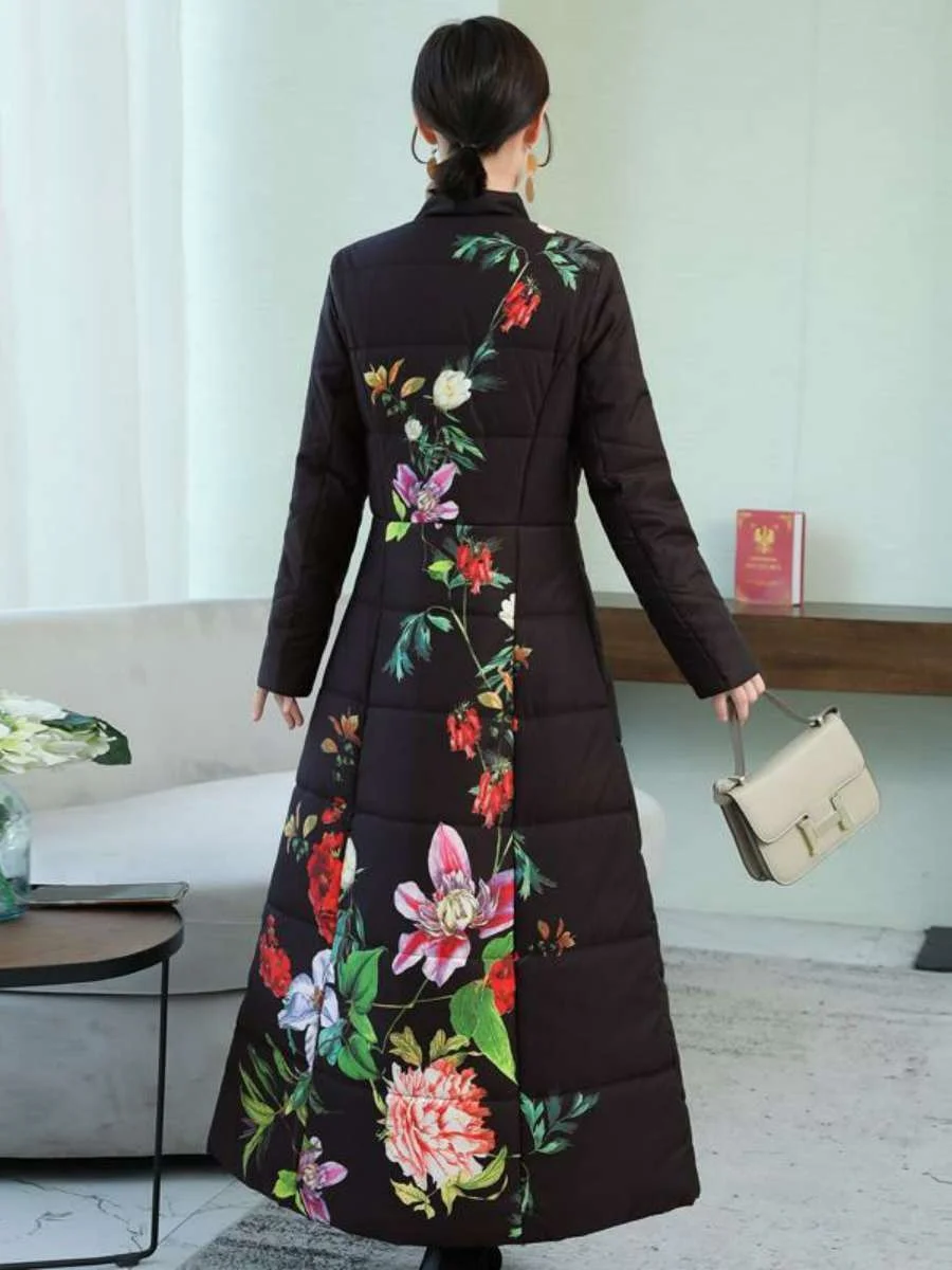 Rétro Sle Long sur le genou Thiened coton Jaet femmes imprimé ethnique Sle vêtements d'extérieur hiver Faion dames manteau