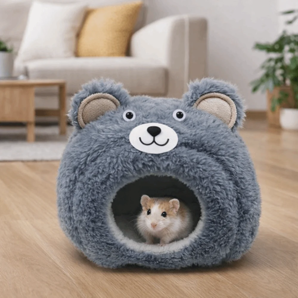 

Cozy Cartoon Hamster Warm Nest Semi-enclosed Bear Shape Hideaway Shelter Plush Soft Guinea Pig House Cage Accessories