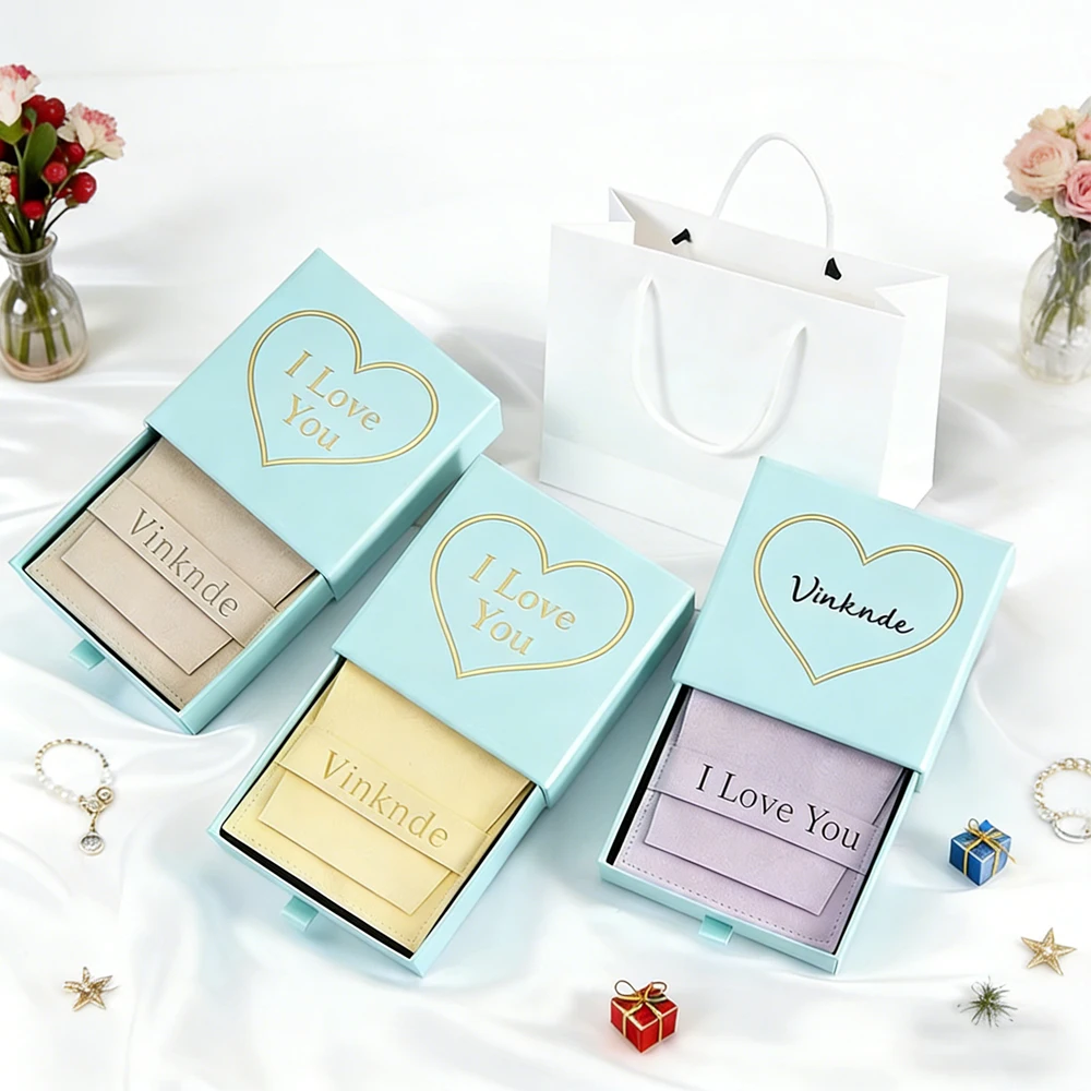 

24/50/100 шт. картонные коробки для украшений с индивидуальным логотипом, выдвижные коробки-ящики, подарочные демонстрационные коробки для серег и брошей, мешочки из микрофибры с бархатным покрытием