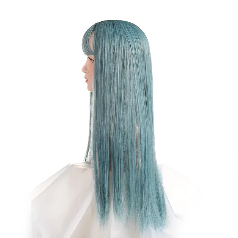 باروكة صناعية طويلة مستقيمة باللون الأزرق والأخضر مع غرة للنساء، شعر مستعار لوليتا لحفلات الهالوين مقاوم للحرارة