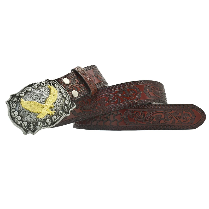 Fashion Retro Men Leather Belt Alloy Cow Eagle Star Buckle Red Brown Black Coffee Flower Pattern Versatile Jeans Causal Pants