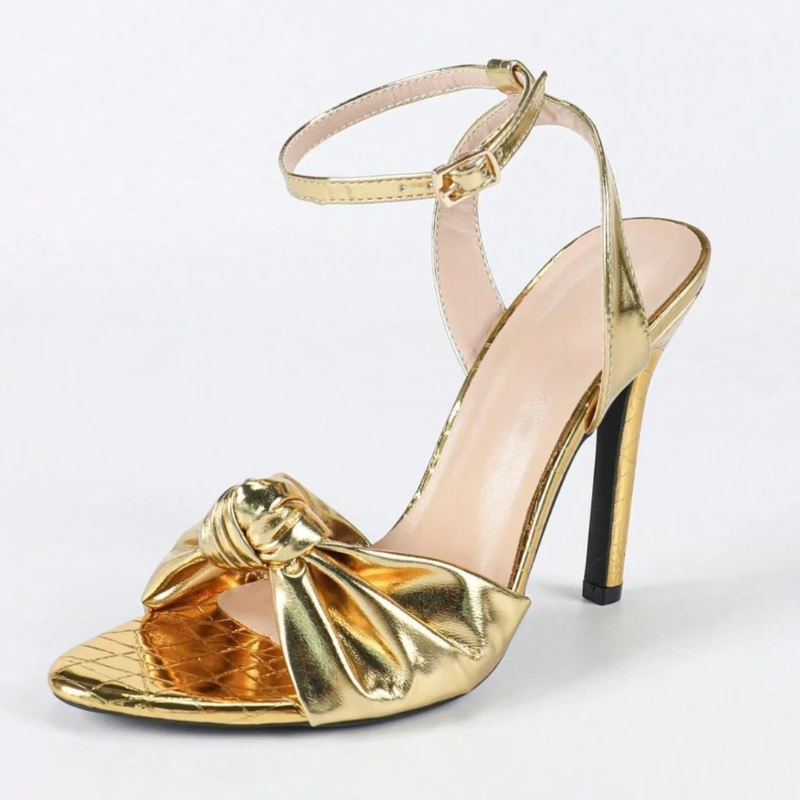 

Роскошные золотые босоножки на каблуке, женские плиссированные босоножки с узлом, элегантный ремешок на щиколотке, открытая спина, высокие каблуки, сексуальные дизайнерские свадебные туфли с открытым носком