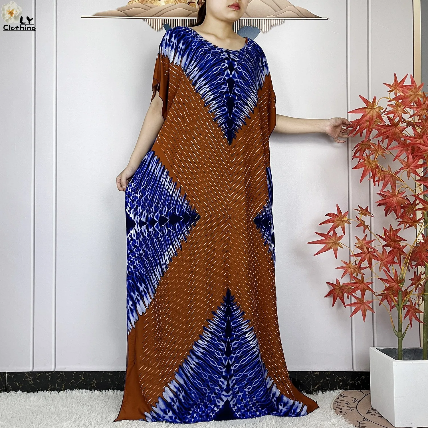 2024 New Muslim Women Dashiki Printed Dress Flower Diamonds Loose Dress With Big Scarf Islamic African Women Short Sleeve Abaya