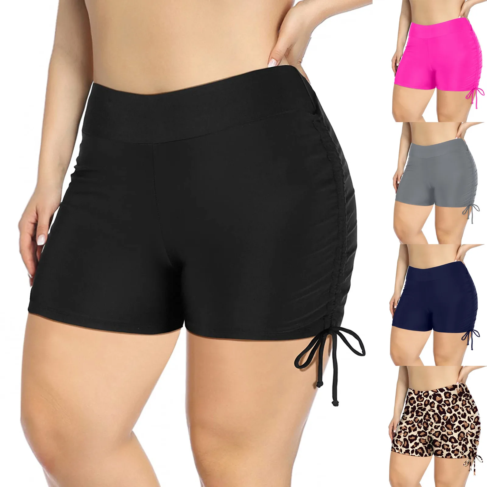 2023 New Women Summer Swim Shorts High Waist Sides Drawstring Stretch Sports Boyshorts Bathing Suit Tankini Bottoms Shorts