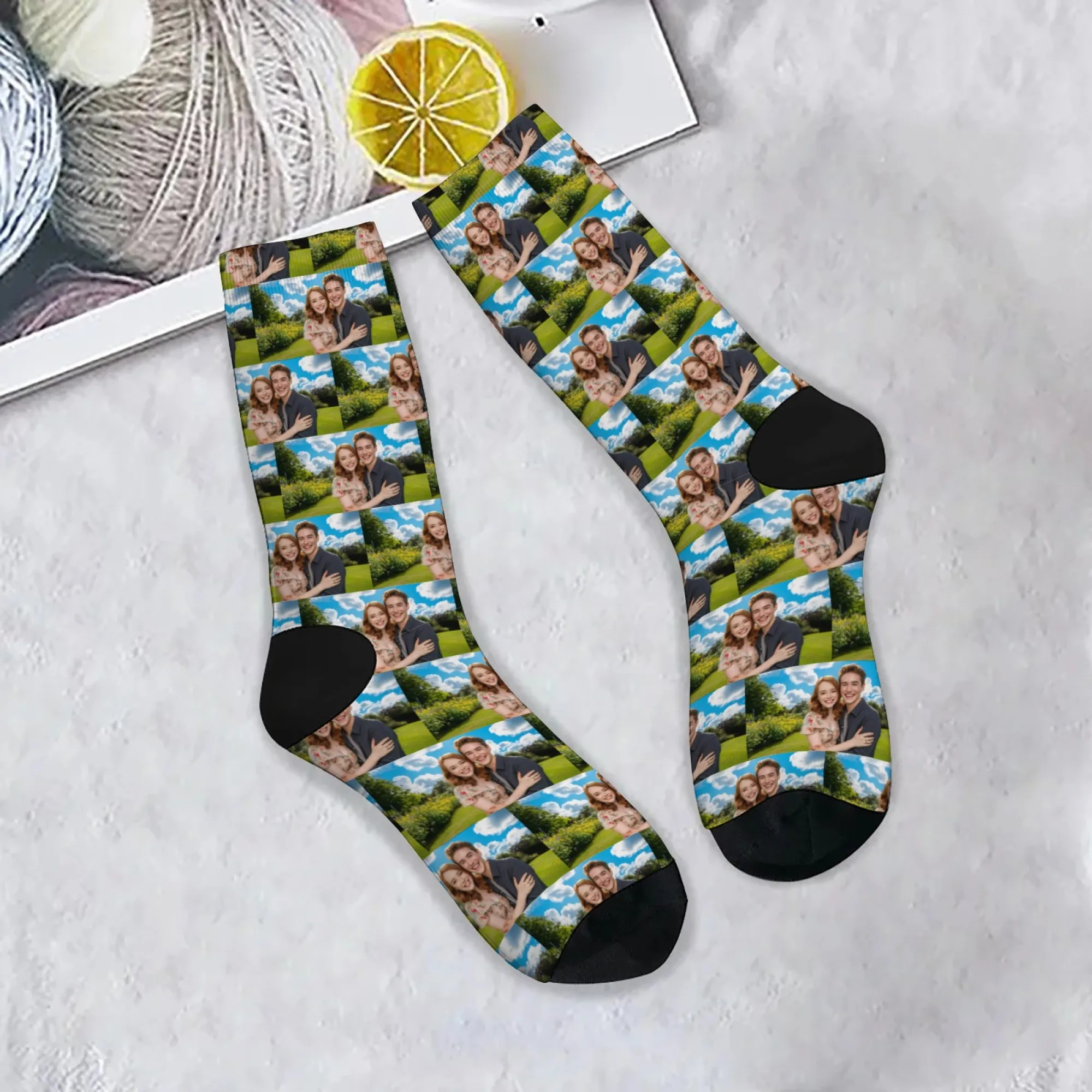 Семейные носки для пары на заказ, персонализированный фестивальный подарок с полным принтом для сцены на открытом воздухе для влюбленных и записываемая повседневная одежда