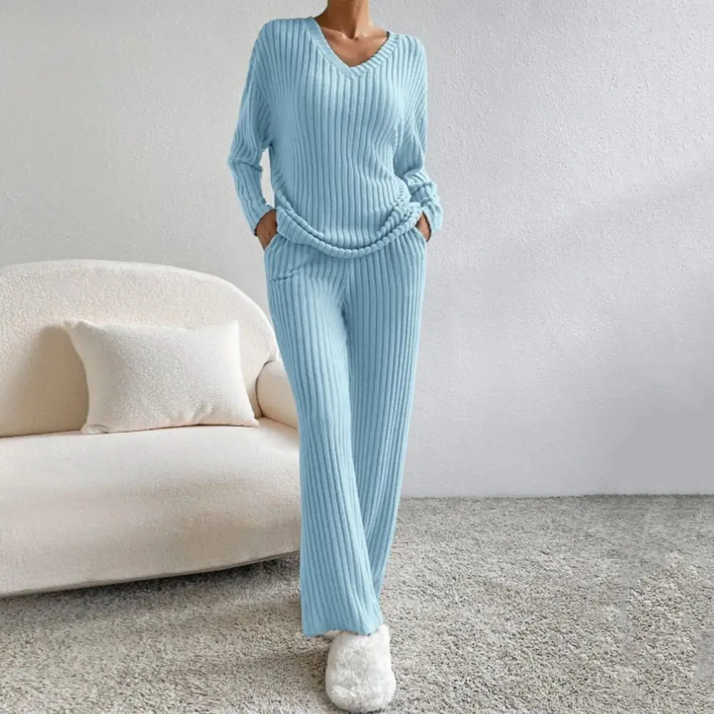 Women Pajamas Set Women\'s Knitted V-neck Top Wide Leg Trousers Set for Fall/winter Casual Wear Cozy Pajamas Set with High Waist