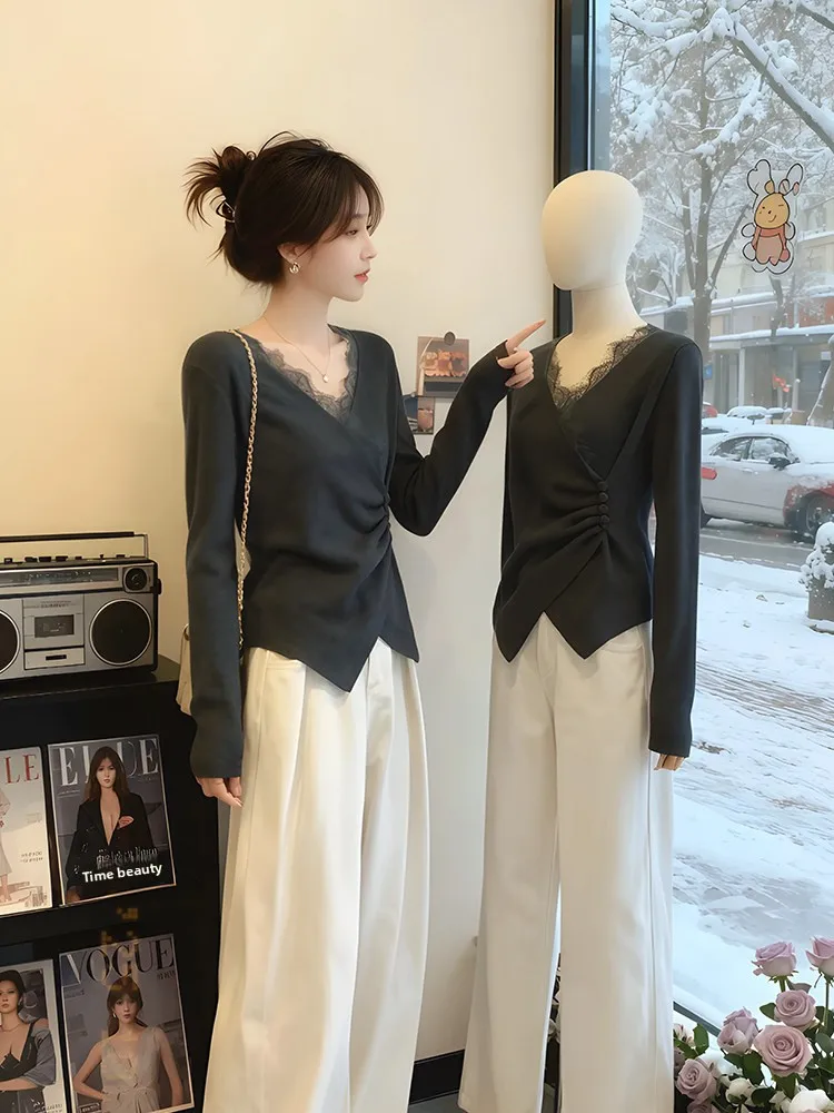 

Повседневная женская футболка с длинным рукавом и V-образным вырезом, с кружевными вставками, асимметричная, утягивающая, базовая, для ношения под одеждой, на весну-осень