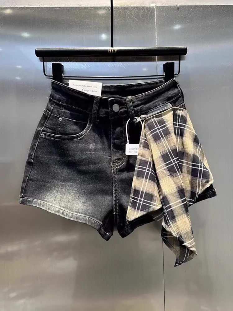 

Slimming A-Line Denim Shorts for Women High Waist Patchwork Design Checkered Splicing Hot Pants Autumn New Arrival