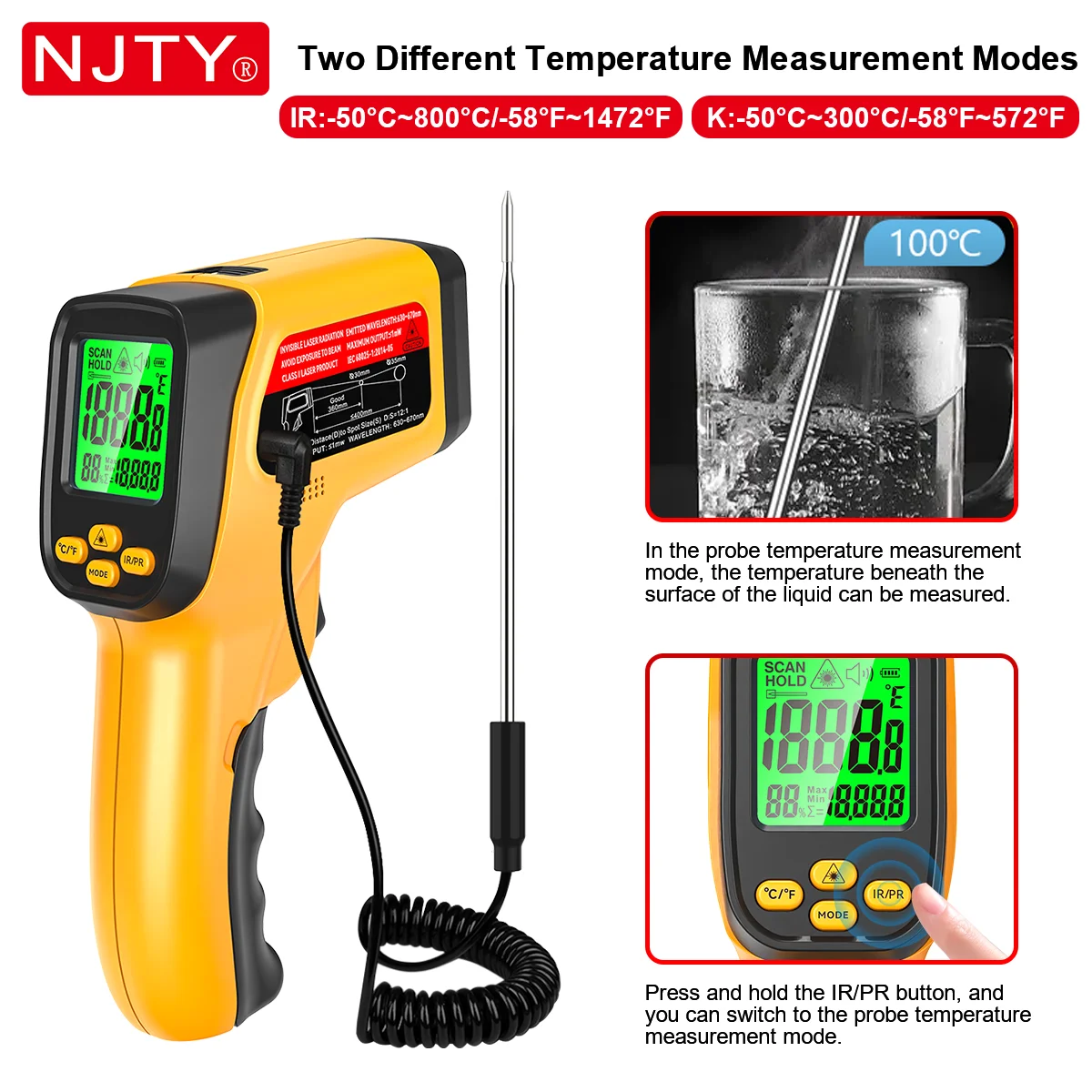 NJTY JD05 JD05K K-Type Infrared Thermometer -58°F~1472°F Handheld Non-contact Laser Temperature Gun RH%  Adjustable Emissivity
