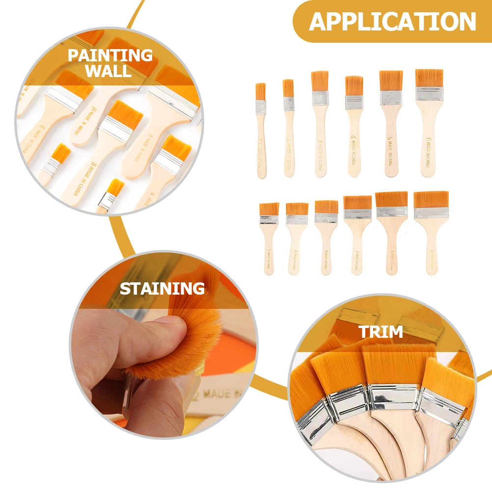 

12Pcs Nylon Flat Paint Brushes Set Wooden Handle Art Brushes for Wall Staining Painting
