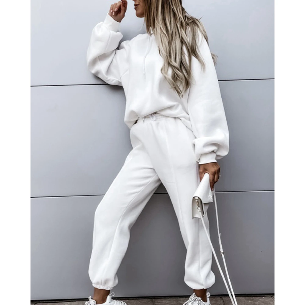 

Sporty Women Long Sleeve Hoodie Tops & High Waist Drawstring Cuffed Pants Set Spring Casual Solid Two Pieces Suit Set