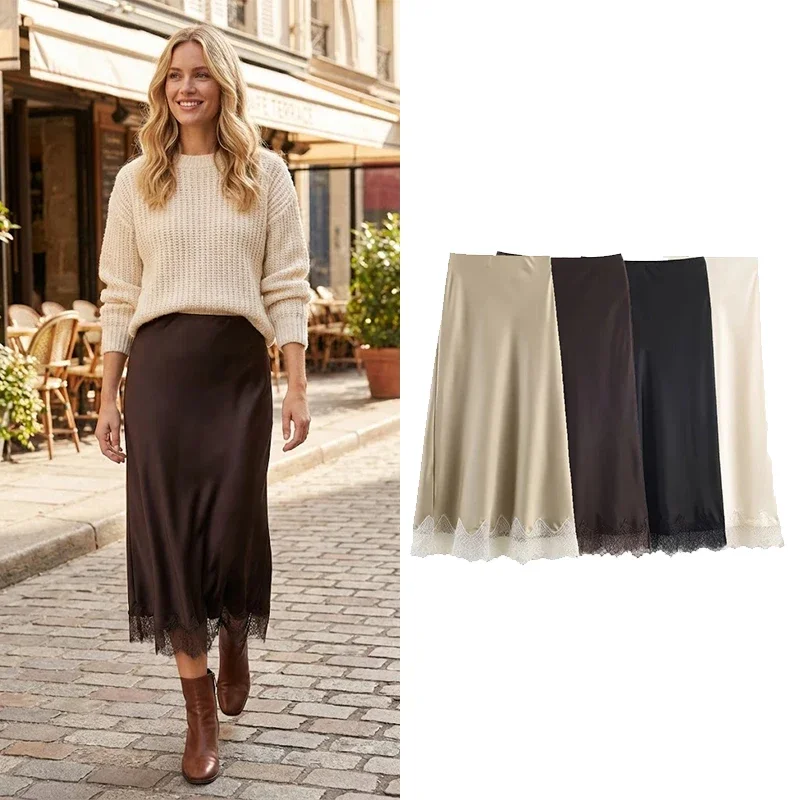 Willshela Women Fashion Solid Lace Side Hem Pleated A Line Midi Skirt Vintage High Elastic Waist Chic Lady Casual