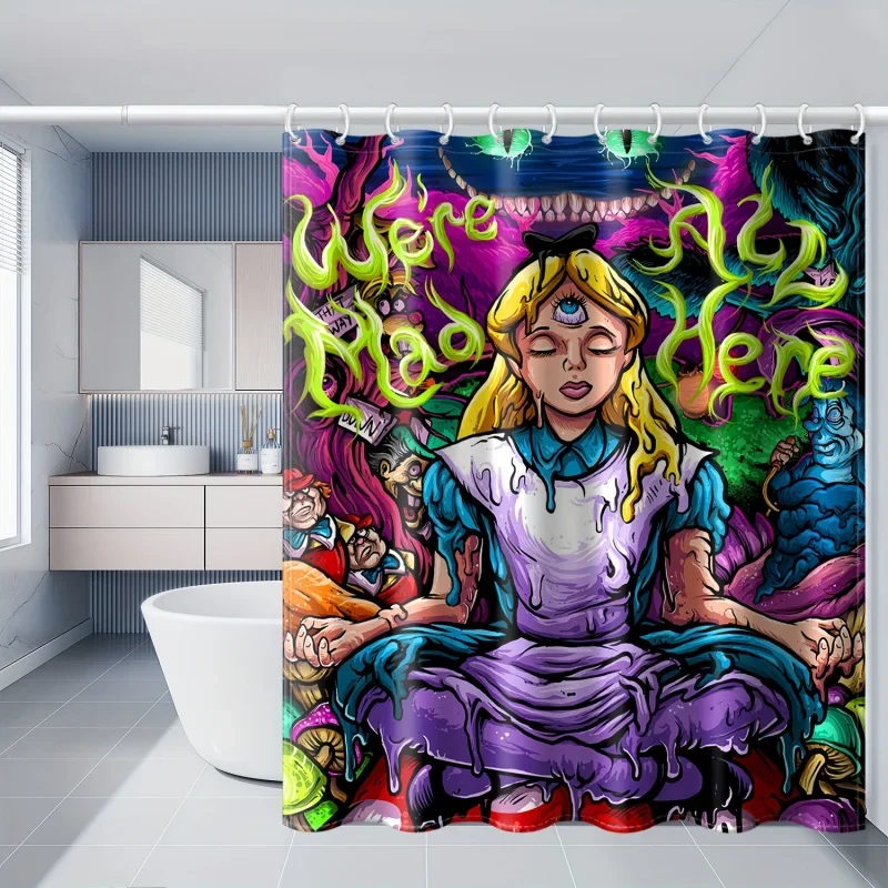 1/4 Uds Alice ducha, cortina impermeable de poliéster con 12 ganchos, decoración de baño impresa con personajes, baño M