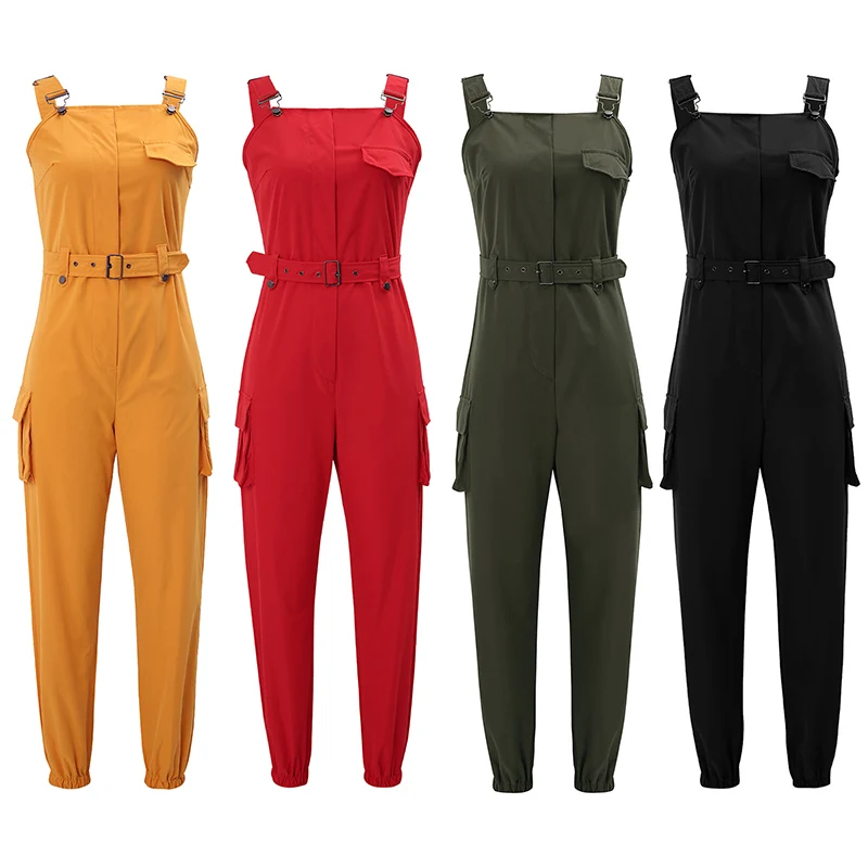 Women Jumpsuits Summer Casual Cargo Pant Sleeveless Playsuit O Neck Jumpsuit With Pocket and Belt Pencil Pants Loose Overalls