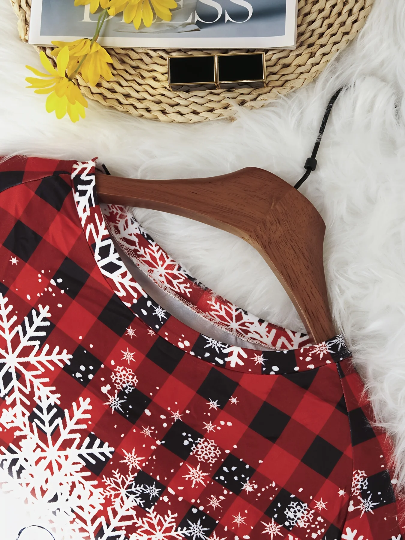 Plus Size Merry Christmas Gnome Print Plaid Sleeve Top Festive Holiday Long Sleeve Women's Shirt Cozy Winter Style