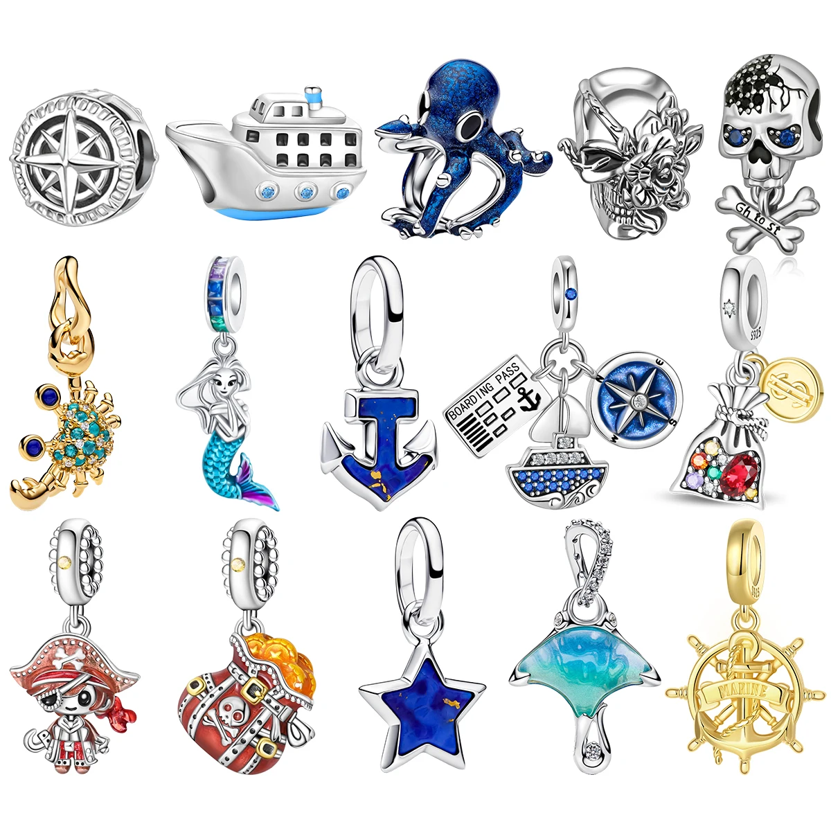 S925 Silver Nautical Ocean Pirate Compass Octopus Skull Crab Mermaid Anchor Ship Wheel Coin Treasure Charms Creative Jewelry
