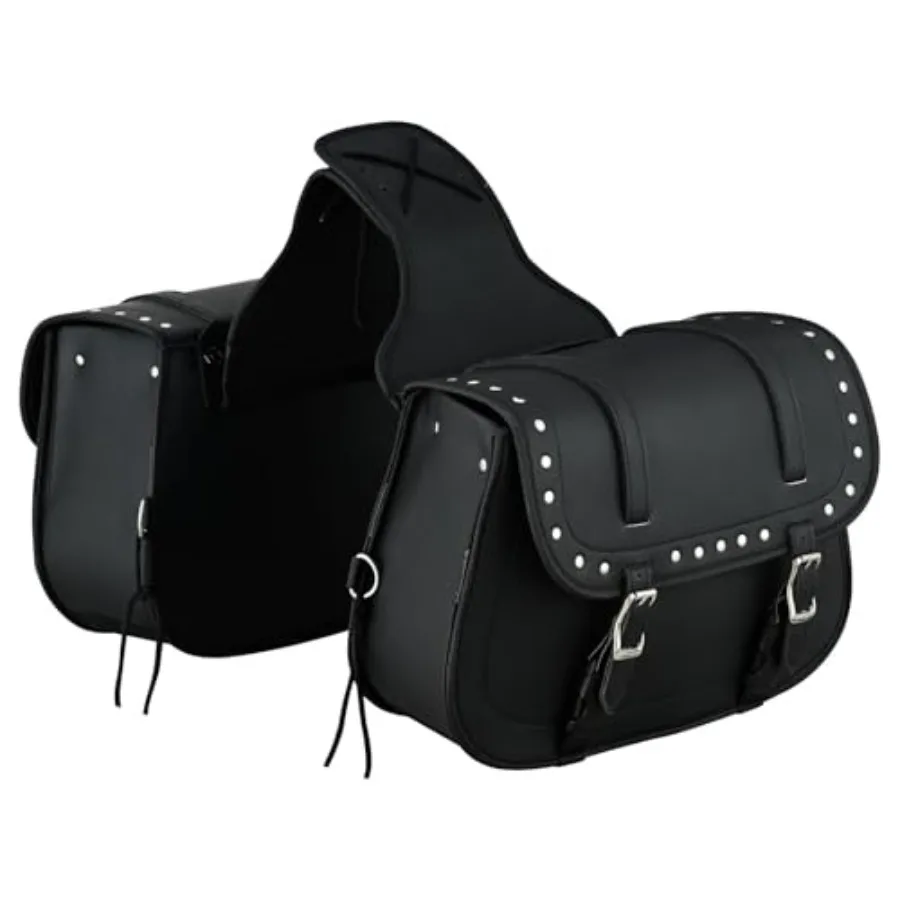 Motorcycle saddlebags for cruiser bikes, PVC material, black color, water-resistant and studded design
