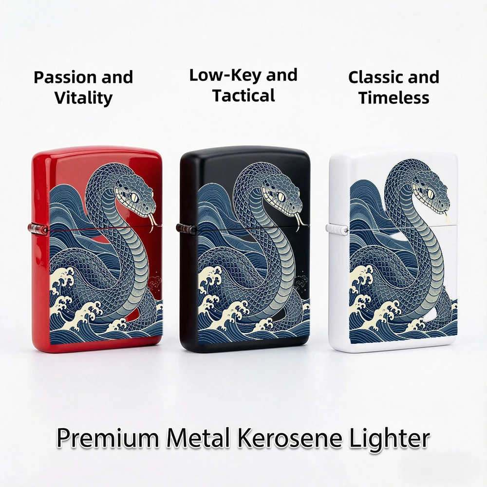 Flip Top Lighter Snake With Japanese Ukiyo‑e Wave Art Pattern lighters vintage lighters for smokers Decor Style Collectible Gift