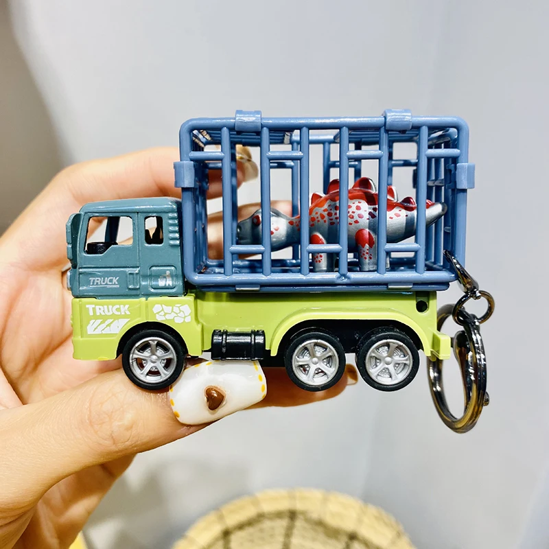 Fun Car Model Keychain Mini Engineering Car With Cage Dinosaur Alloy Pull Back Car Children Toys Backpack Pendant Birthday Gift