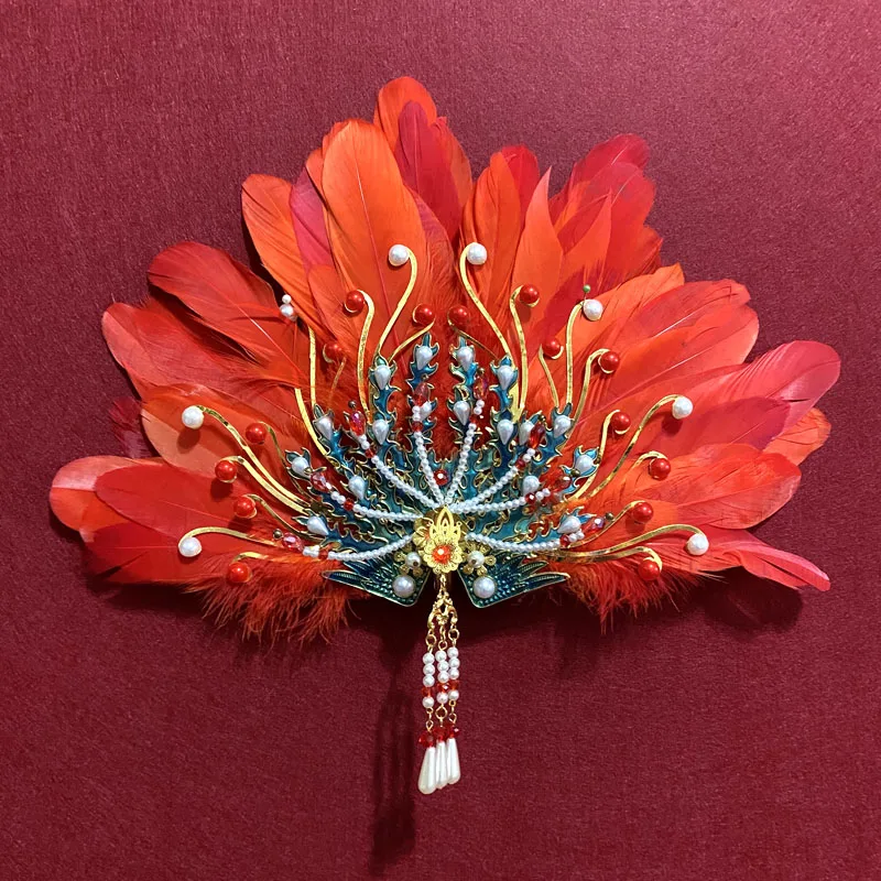 Traditional Chinese Bride Wedding Phoenix Tiara Red Feather Ethnic Fashion Gorgeous Hair Jewelry Headpiece Hanfu Accessory