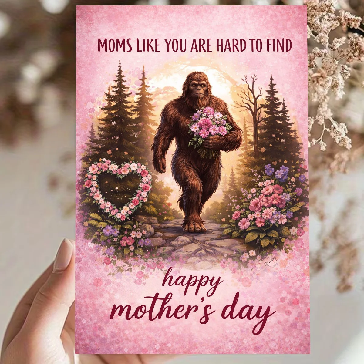 A Single Whimsical Card for Mother'S Day Featuring Bigfoot with Flowers in a Woodland Setting, Stating 'Moms Like You Are