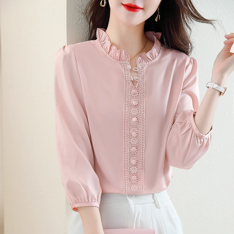 Women Clothing Loose Solid Elegant Chic Button Blouse Office Lady Casual Lace Chiffon Simple Fashion Shirt