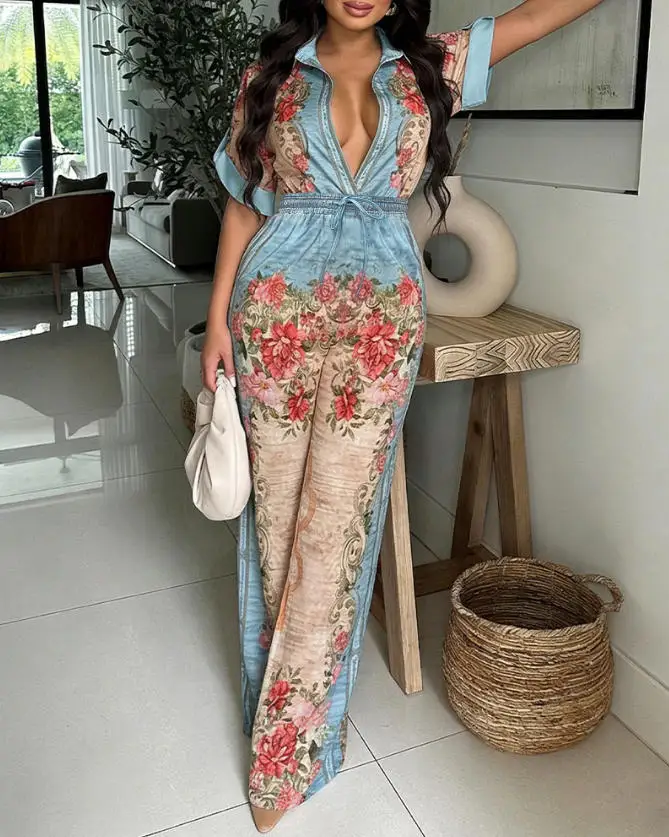 

Jumpsuit Women 2026 Spring New Vintage Floral Print Turn-Down Roll Up Sleeve Drawstring Waist Casual Vacation Wide Leg Jumpsuit
