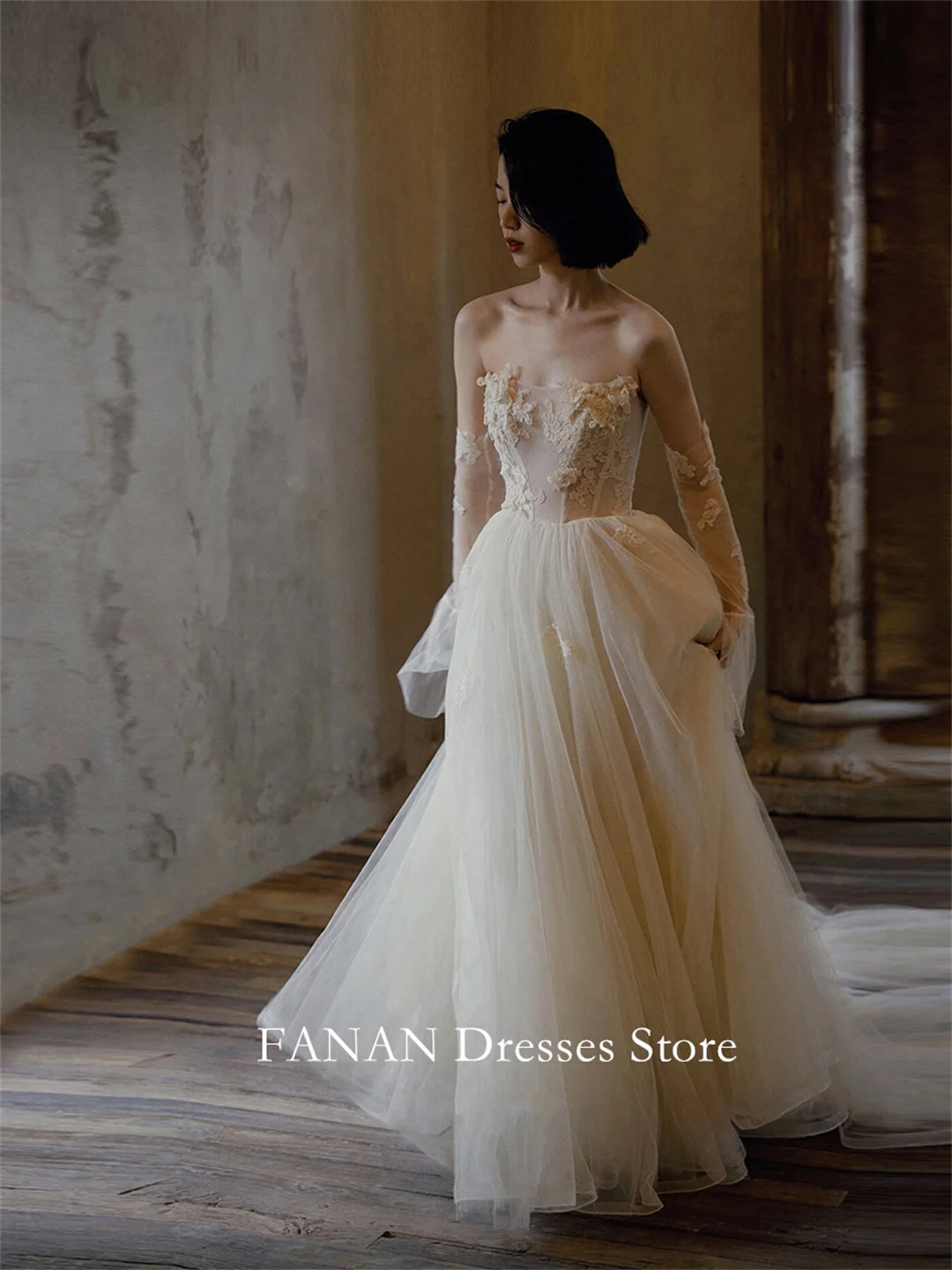 FANAN Korea Strapless Wedding Dresses 웨딩드레스 A-Line Remoavable Sleeves Tulle Applique Classic Custom Made Bride Gowns Plus Size