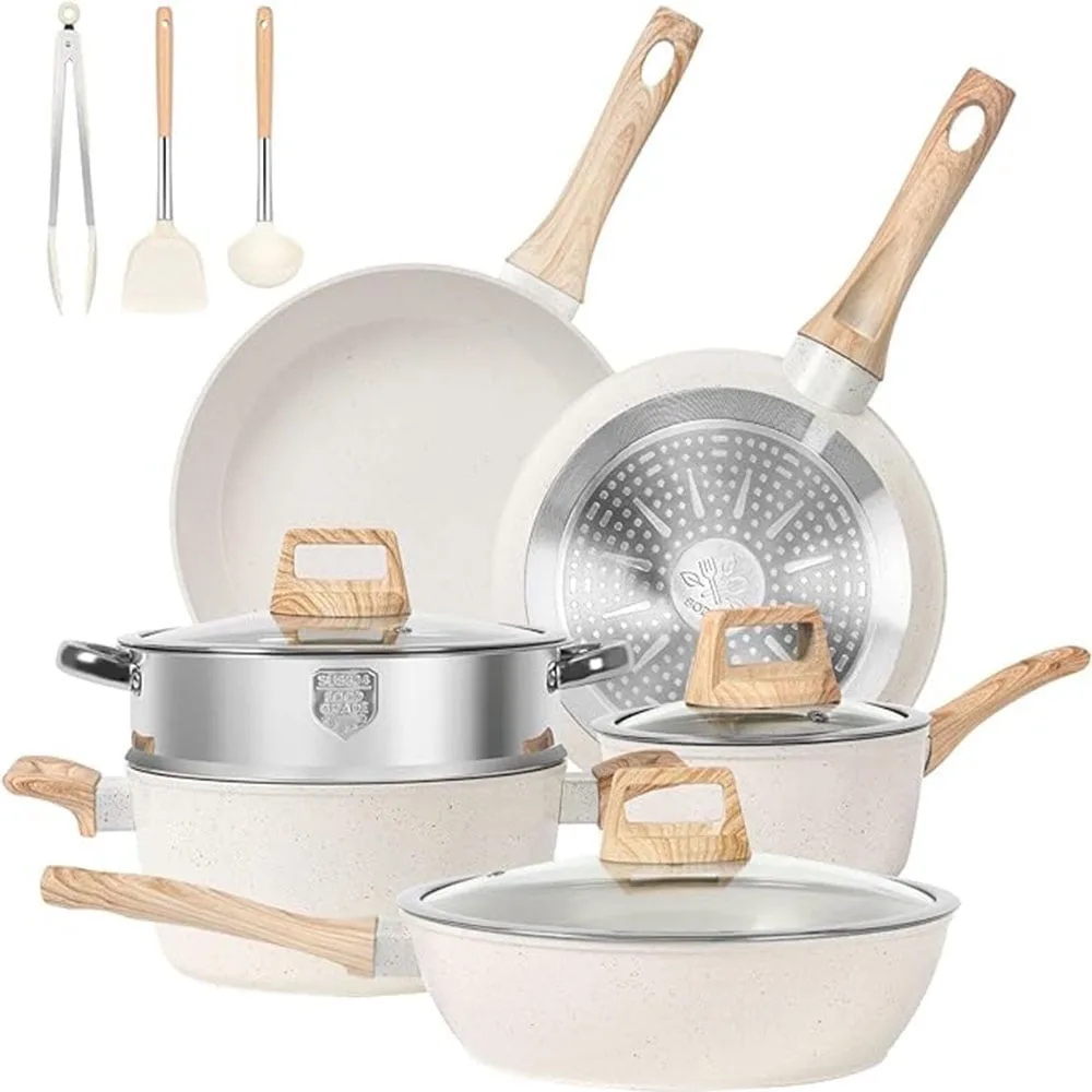 

12Pcs Pots And Pans Set Non Sti Granite Skillet Frying Kitchen Cooookware For Daily Cooking-White