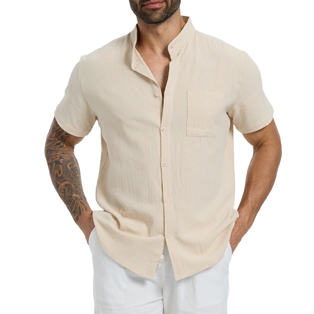 

Men's Summmer Shirt Henley Neck Short Sleeve Casual Solid Color Classic Cotton Linen Breathable Lightweight Male Button Up