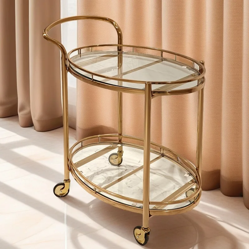Light luxury commercial trolley restaurant household removable tea cabinet dining car oval stainless steel glass wine cart