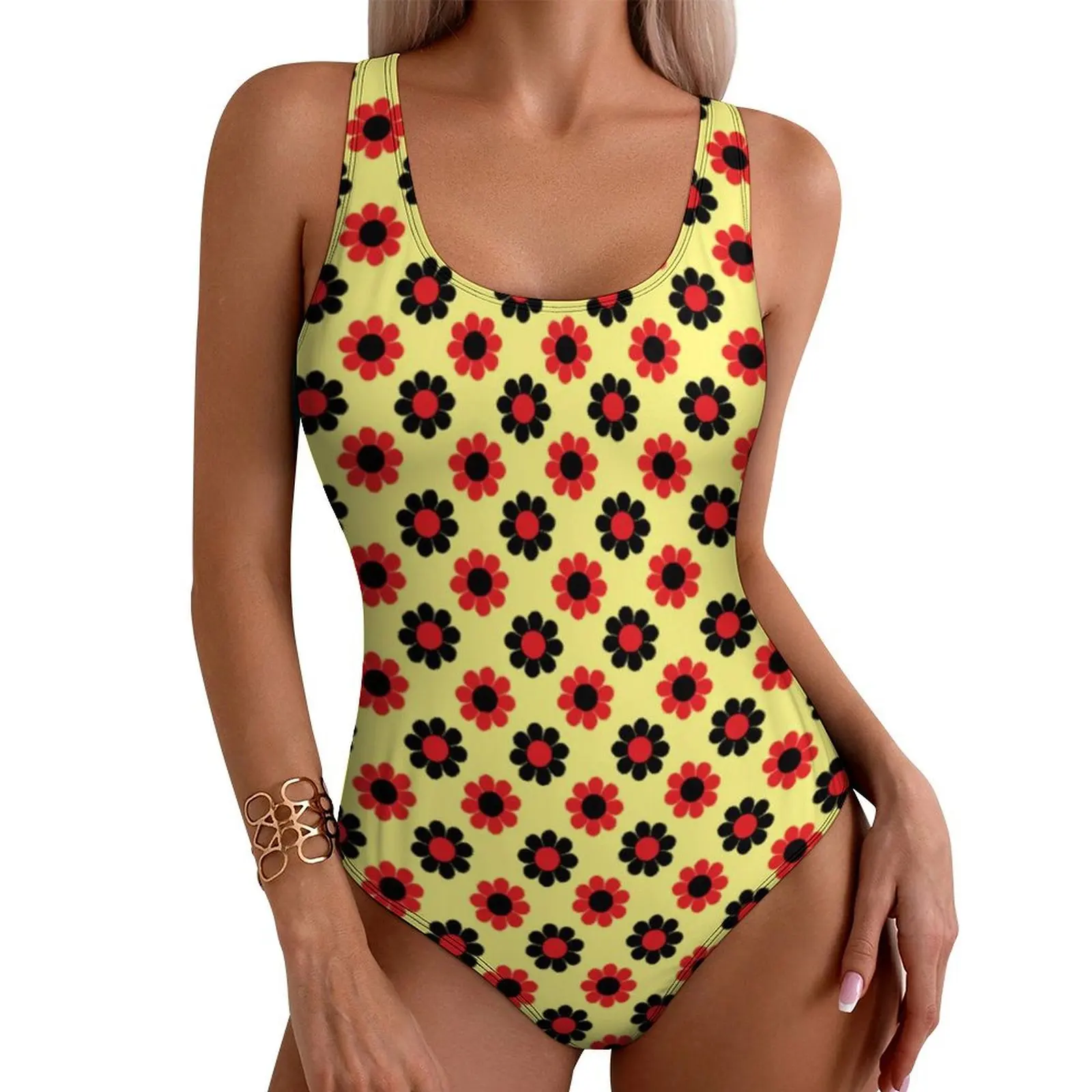 Flower Power Swimsuit Retro 60s Swimwear One-Piece Surfing Pattern Swimsuits Sleeveless Monokini Female Push Up Sexy Beach Wear