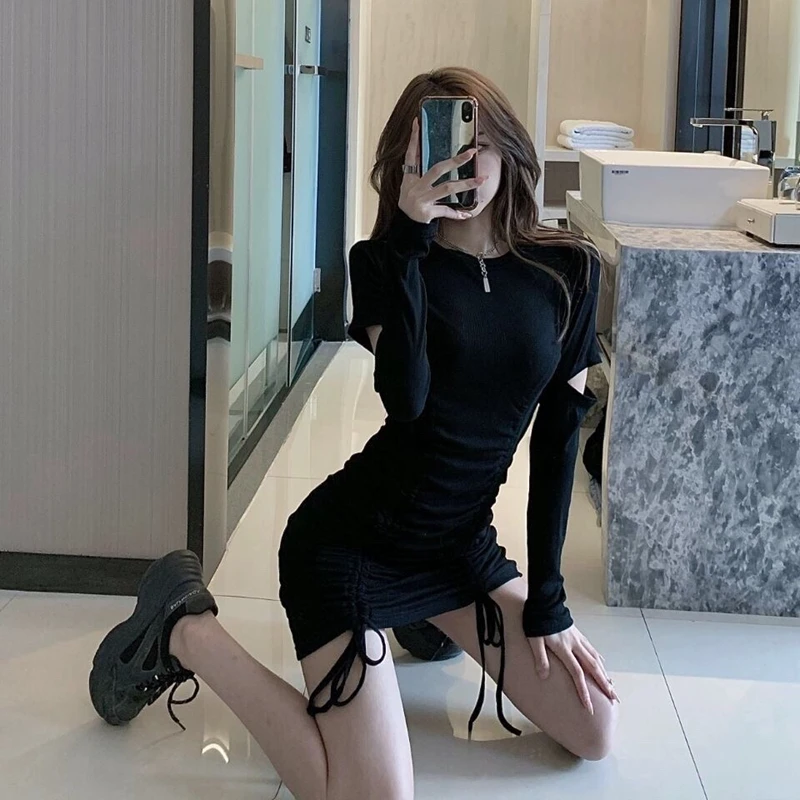 Hebe Style Black  Dress Women Spring New Design Sense Hole Drawstring Sexy Bodycon Short Skirt High Waist Gathered Long S...