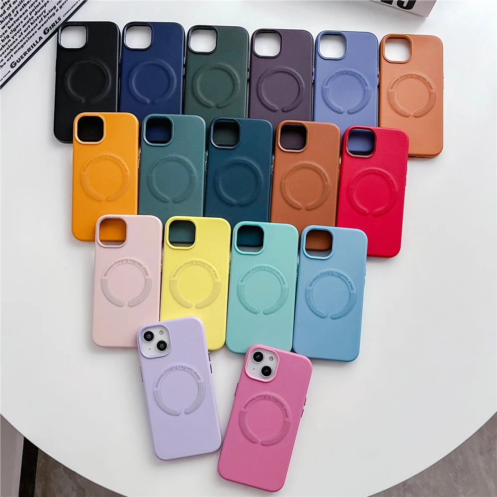 For Magsafe Magnetic Leather Phone Case For iPhone 15 Pro Max 14 Plus 13 12 Candy Color Wireless Charging Shockproof Hard Cover