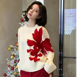 Flower jacquard design round neck sweater women's autumn new style loose and slimming trend top women's knitwear Pullover Shirt