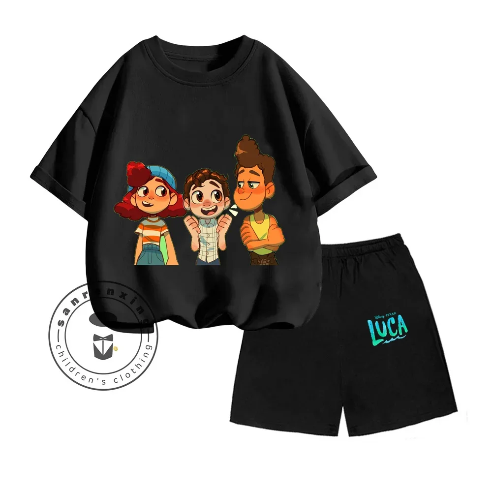 Luca Disney Animated Cartoon Character Print Design O-nekc Breathable Short Sleeve and Shorts Summer Children Two-piece Set