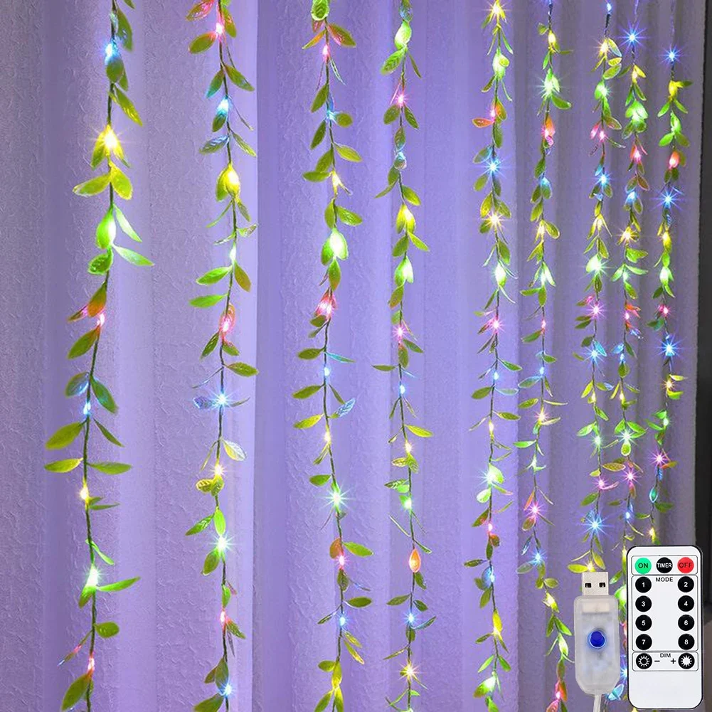 1set Willow Leaves Vine Window Curtain Lights, 100 LED Green Leaves USB Curtain Fairy String Lights with 8 Lighting Modes