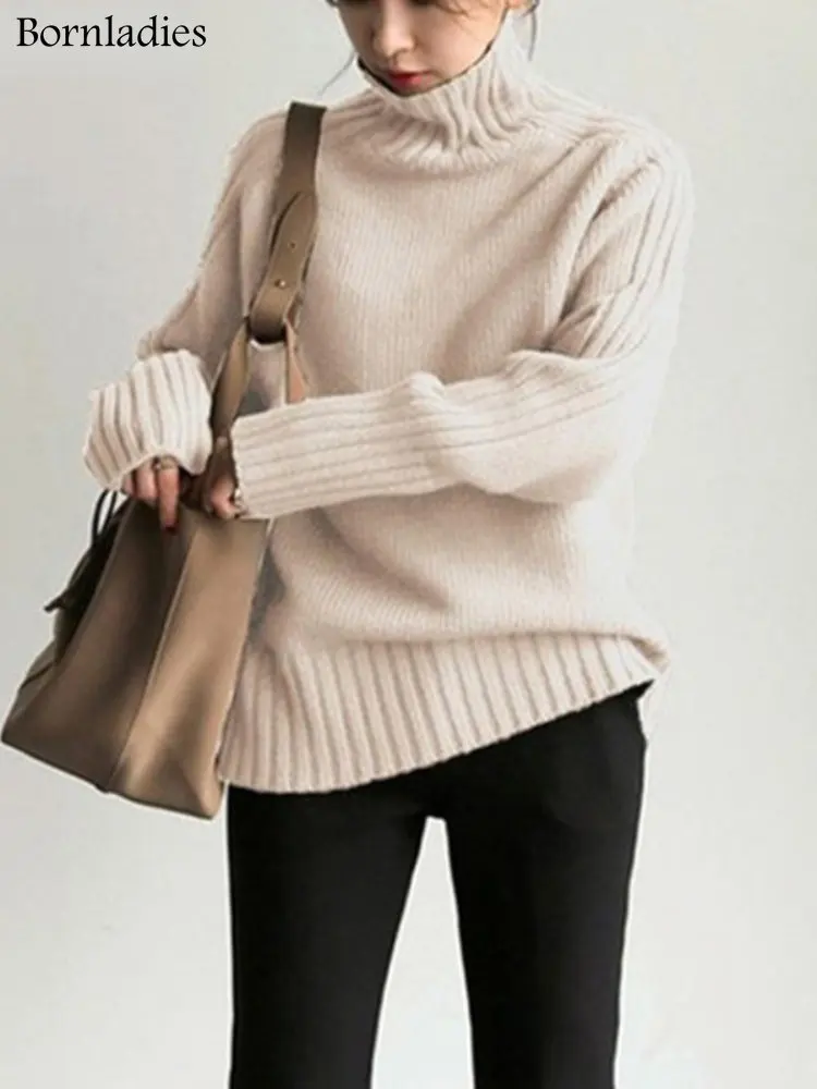 Bornladies 2022 Autumn Winter Loose Turtleneck Pullover Basic Warm Sweater for Women Korean Soft Kniited Solid Sweater Tops