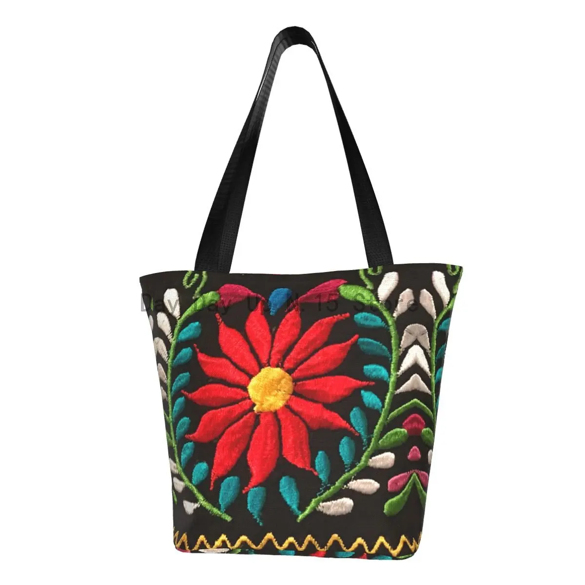 Mexican Spanish Embroidery Flowers Tote Shopping Bags Recycling Canvas Shoulder Shopper Traditional Textile Flowers Handbag