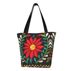 Mexican Spanish Embroidery Flowers Tote Shopping Bags Recycling Canvas Shoulder Shopper Traditional Textile Flowers Handbag