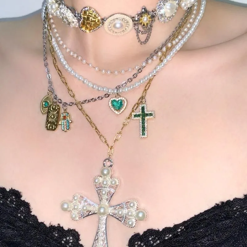 Pearl Chains Cross Love Pendant Vintage 4-piece Multi-layer Necklace