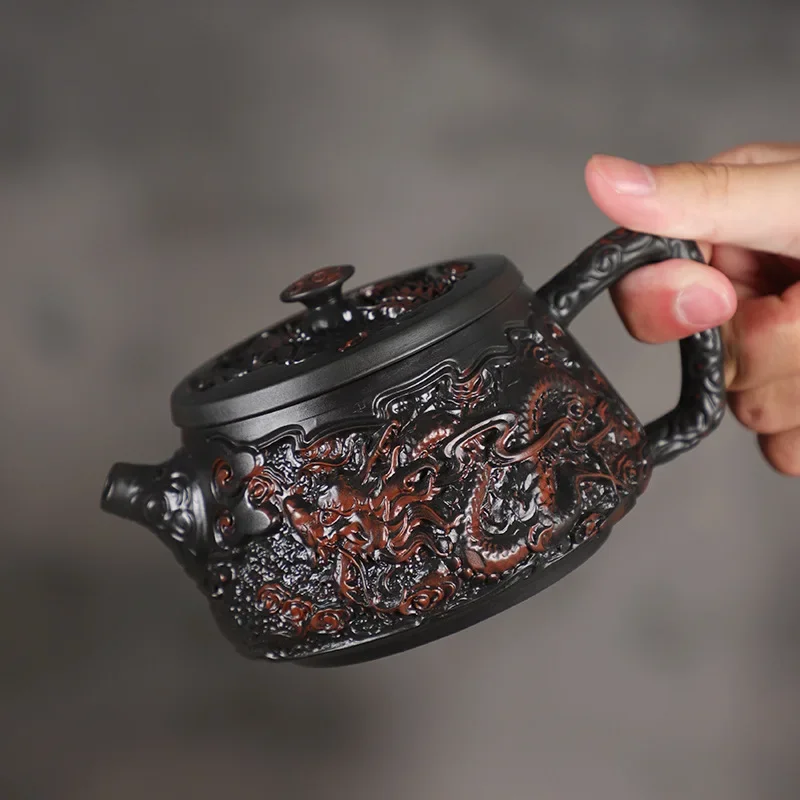 Purple Pottery Pot Pure Hand-embossed Dragon Phoenix Stone Scoop Pot Teapot Special Large-capacity Tea Set for Making Tool Tea