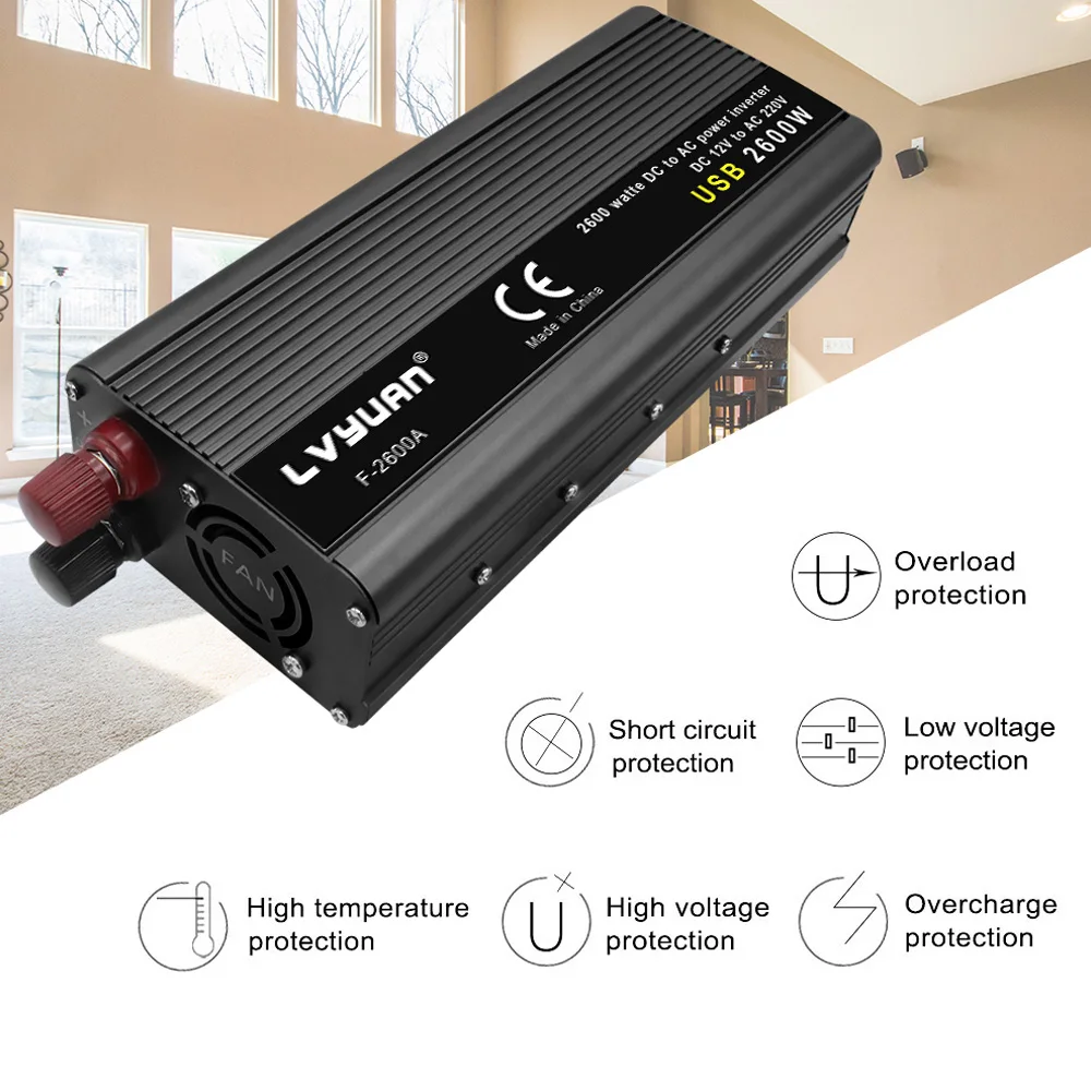 12V/24V to 220V Inverter 1500W/2000W/2600W Modified Sine Wave Power Converter 50Hz/60Hz 2USB Universal Socket Car Solor Inverter