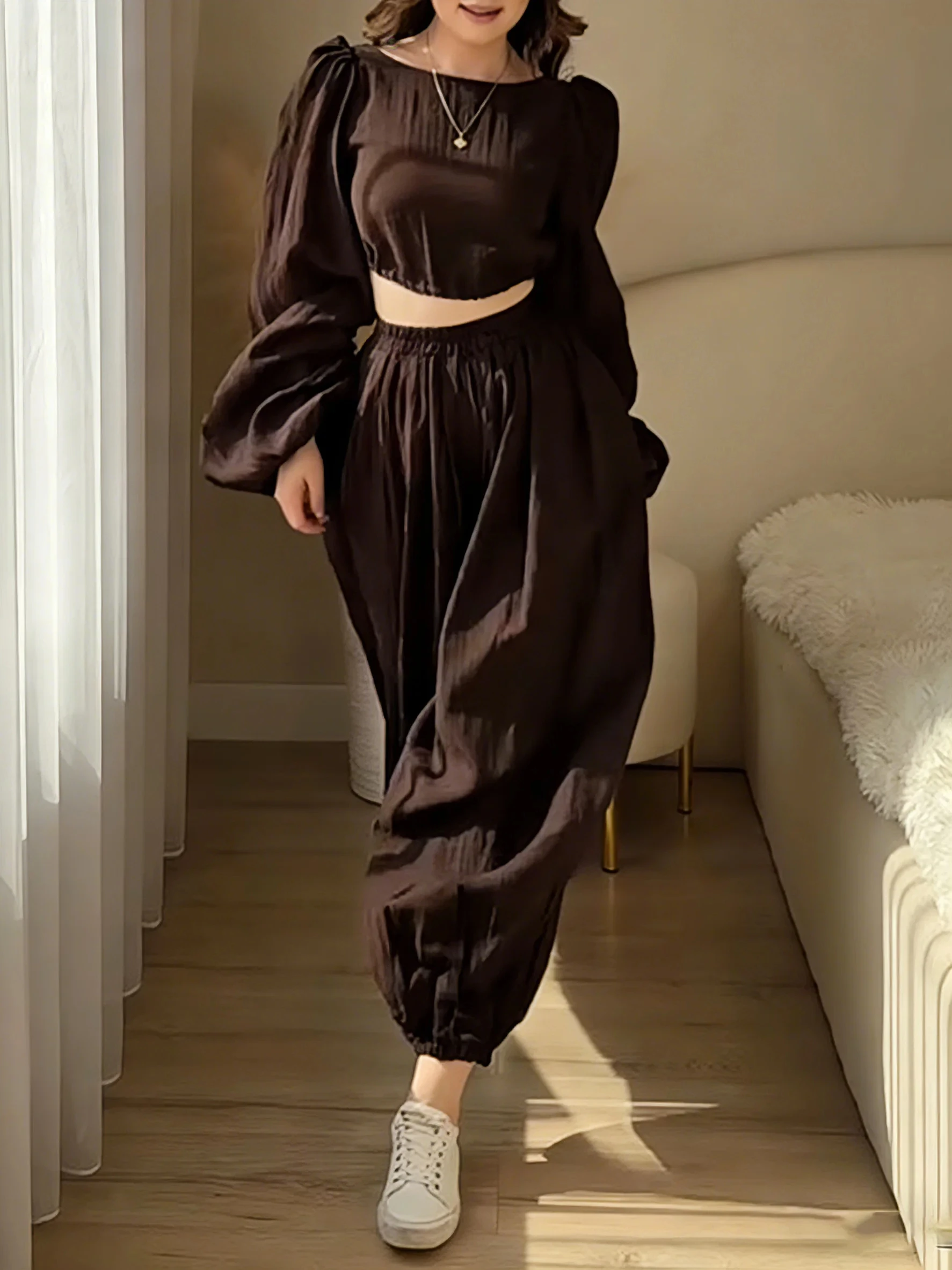

Women's Brown Two-Piece Set, Crop Top & Lantern Pants, Casual Loungewear Suit