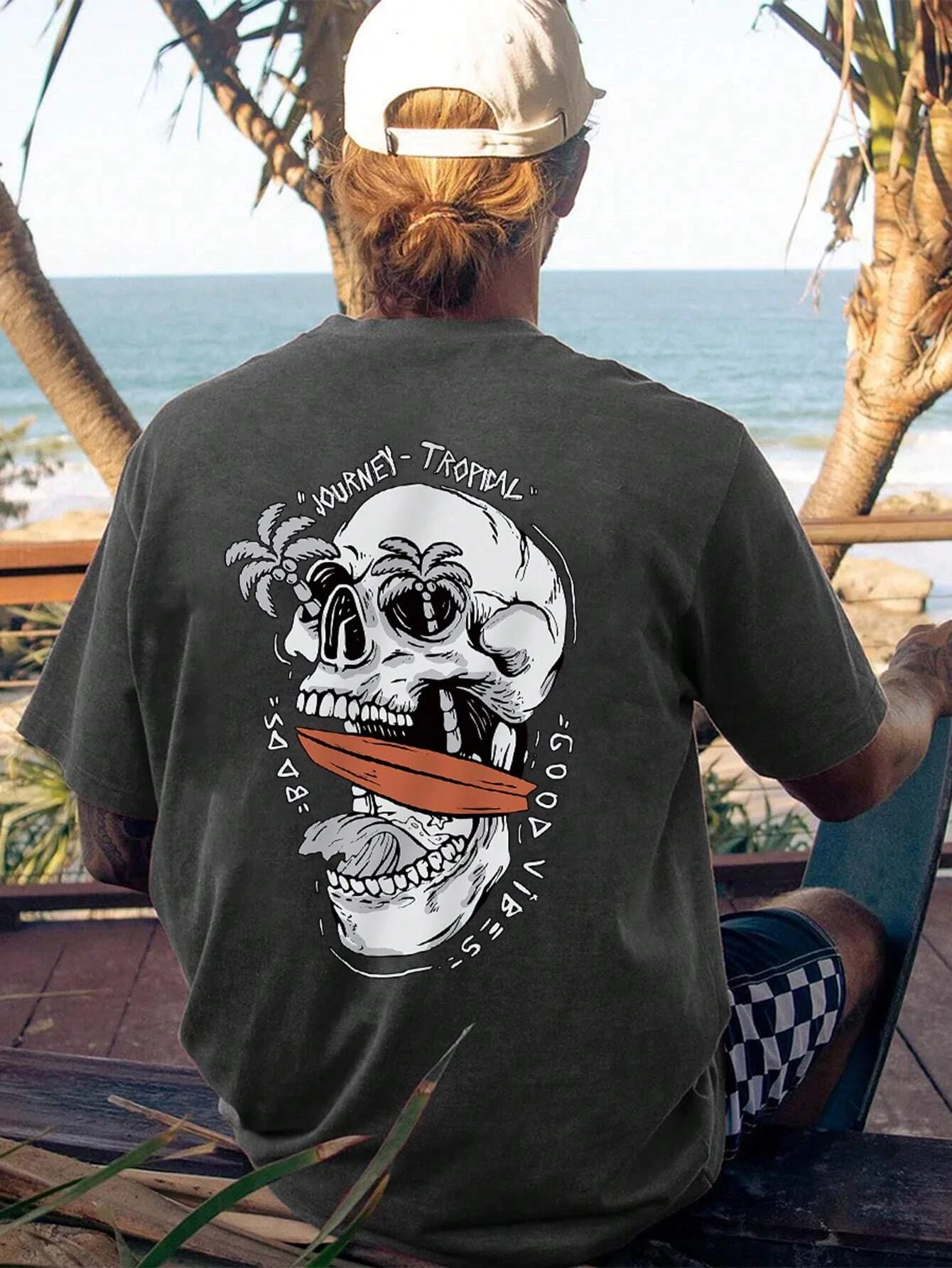 Coconut Palm Skull Men Cotton T-shirt Luxury Brand Fashion Big Size Top Casual Short Sleeve Streetwear Classic New Arrival Tee