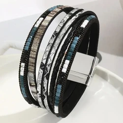 Fashion Leather Bracelets Bohemian Style Women's Multi Layer Wrapped Hand Rope Magnetic Buckle Bangle Wristband Jewelry
